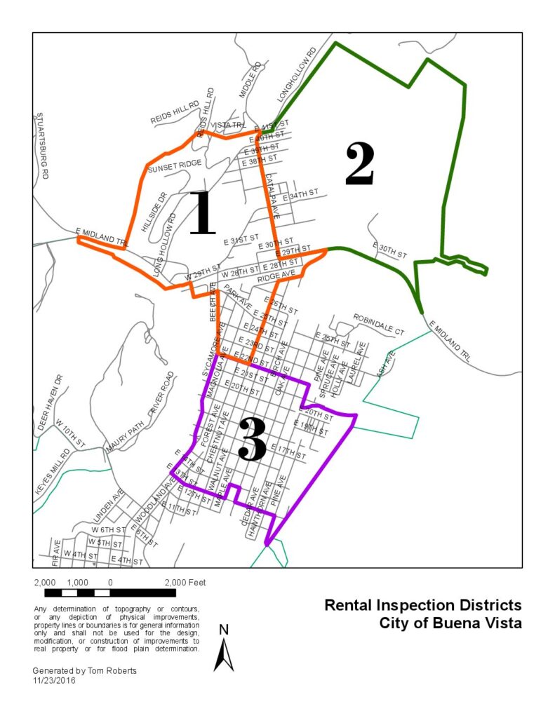 Map of Buena Vista with three designated rental inspection areas highlighted in green, orange, and purple across different sections of the city. For assistance identifying whether your rental is located within one of these zones, contact tom.roberts@buenavistava.gov